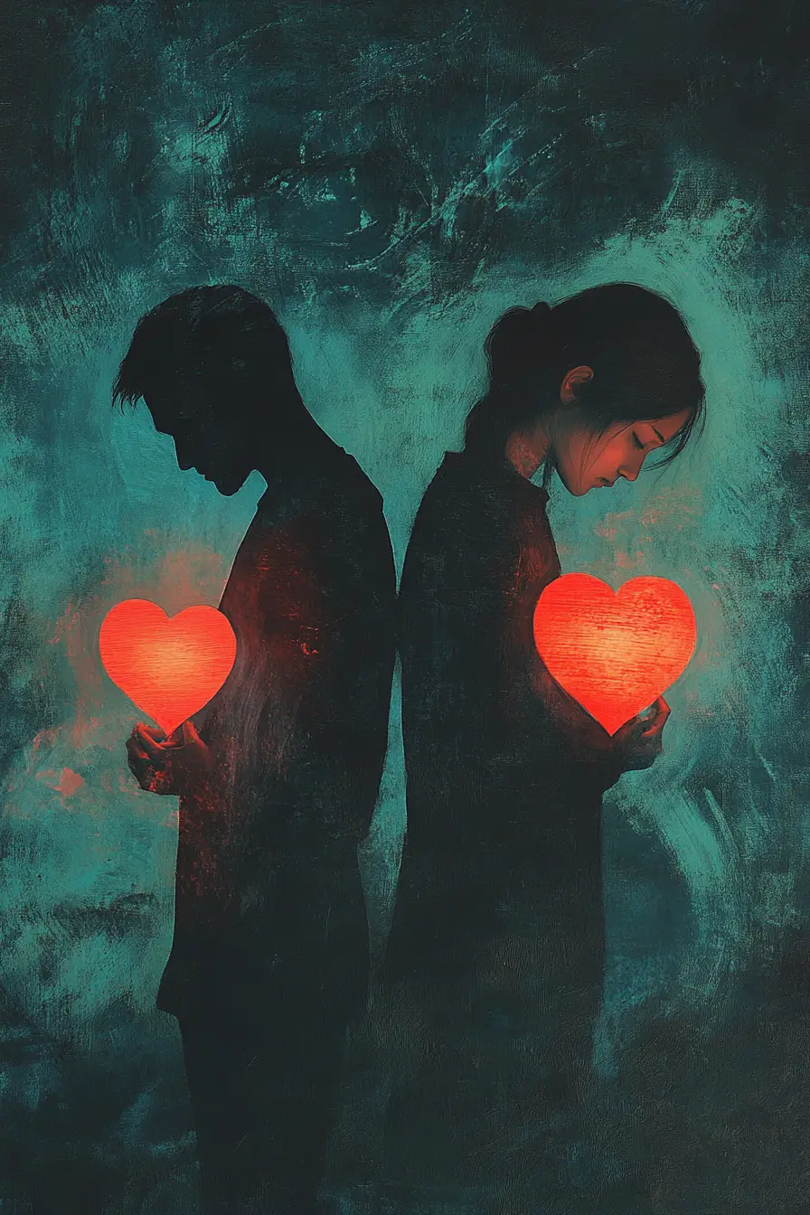 Heartbroken Couple Holding Torn Glowing Felt Heart