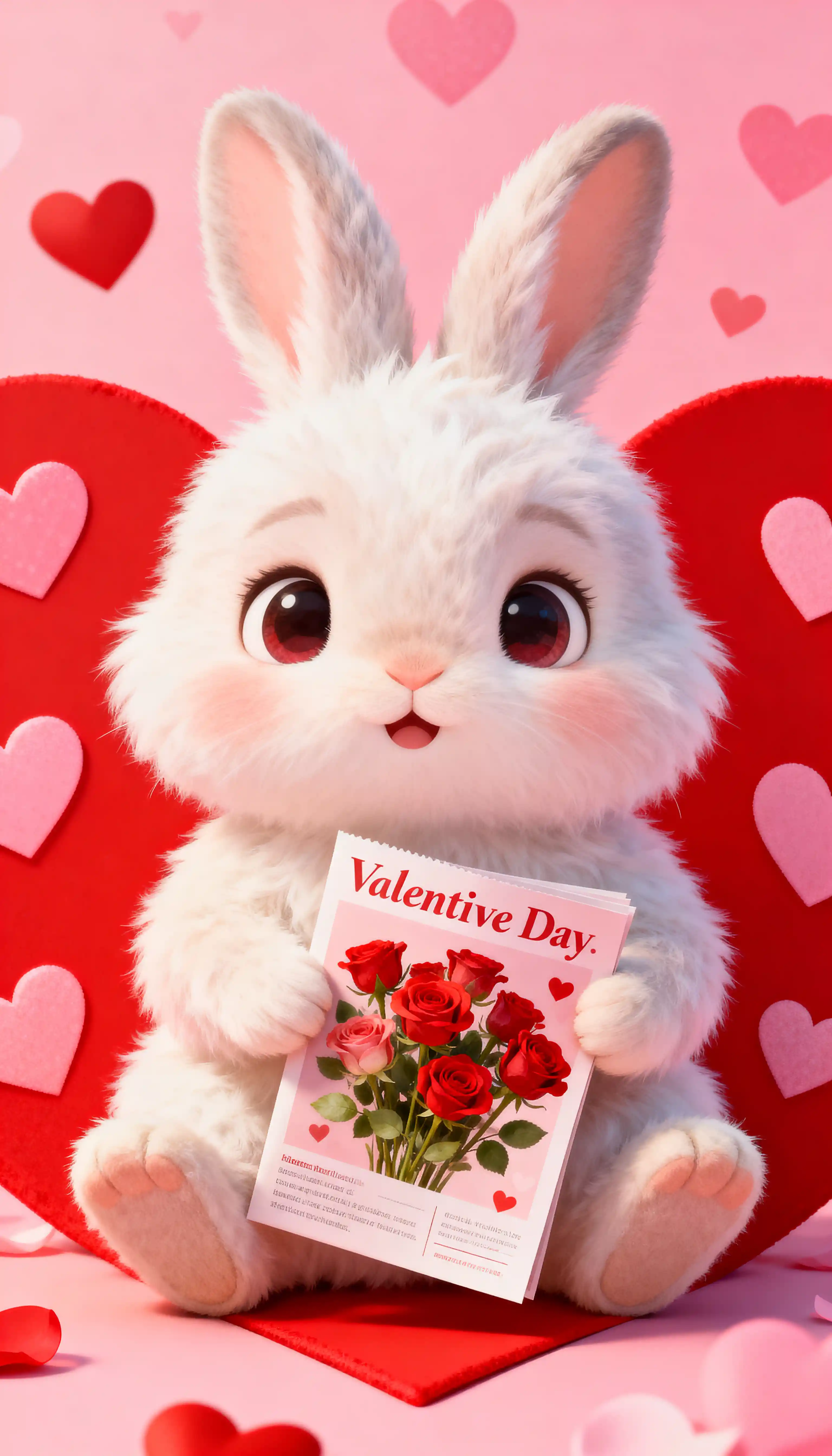 Cute baby rabbit with hearts and valentine roses