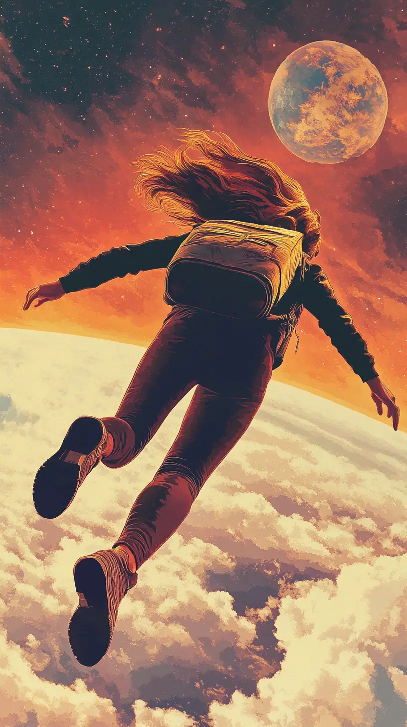 Pop art woman skydiving against retro warm sky