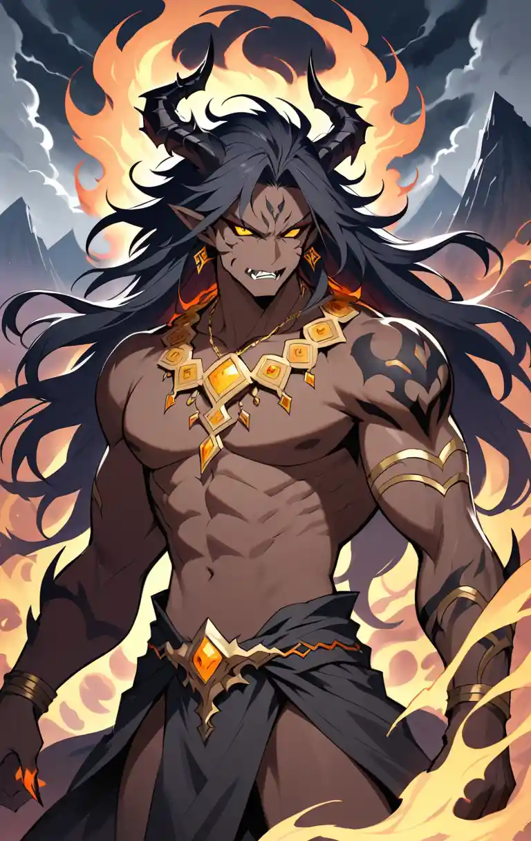 Muscular horned demon warrior under a blazing storm sky