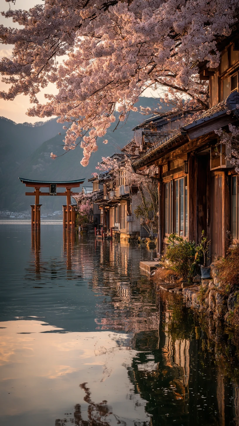 Tranquillo villaggio giapponese sul lago con torii al tramonto