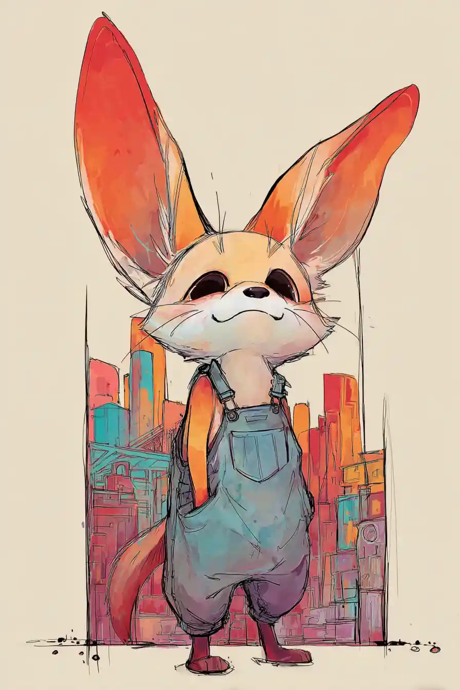 Cute fennec fox in denim overalls in a city scene