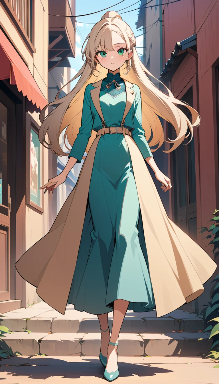 Elegant anime woman standing outdoors in bright sunlight
