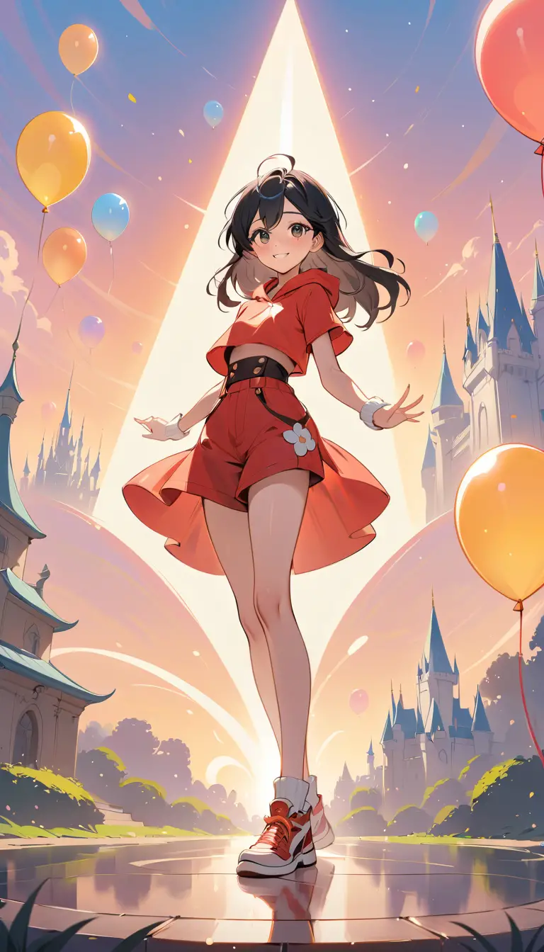 Fröhlicher Anime-Junge in rotem Outfit im Fantasy-Freizeitpark