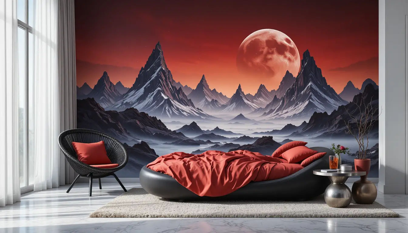 Black chair and red cushion by moonlit mountain wallpaper