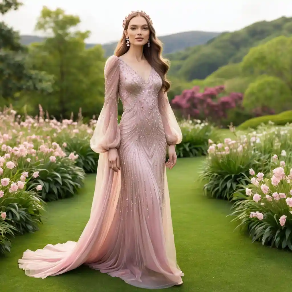 Elegant woman in pink beaded gown in blooming garden