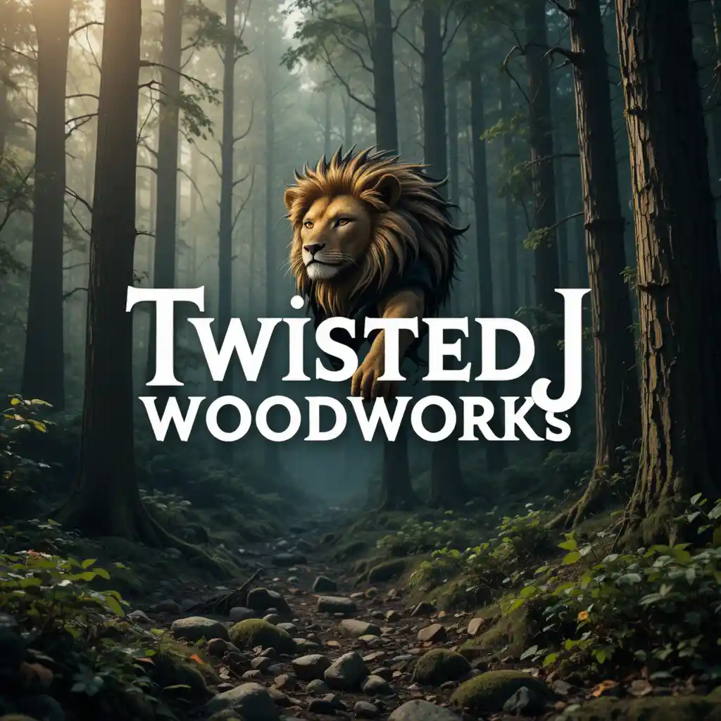 Löwen-und-Wald-Logo für Twisted J Woodworks