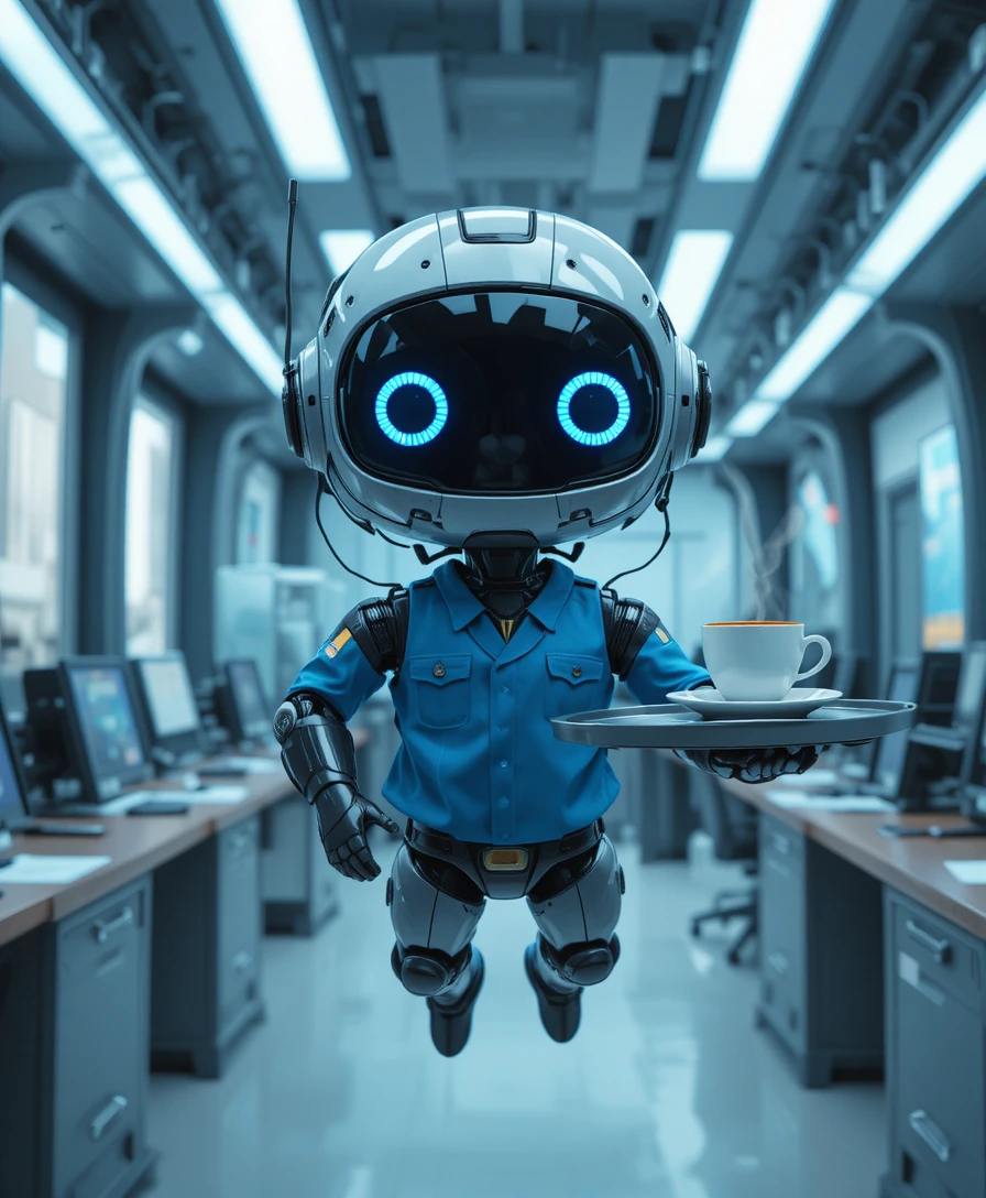 Tierno camarero robot volando por una oficina futurista