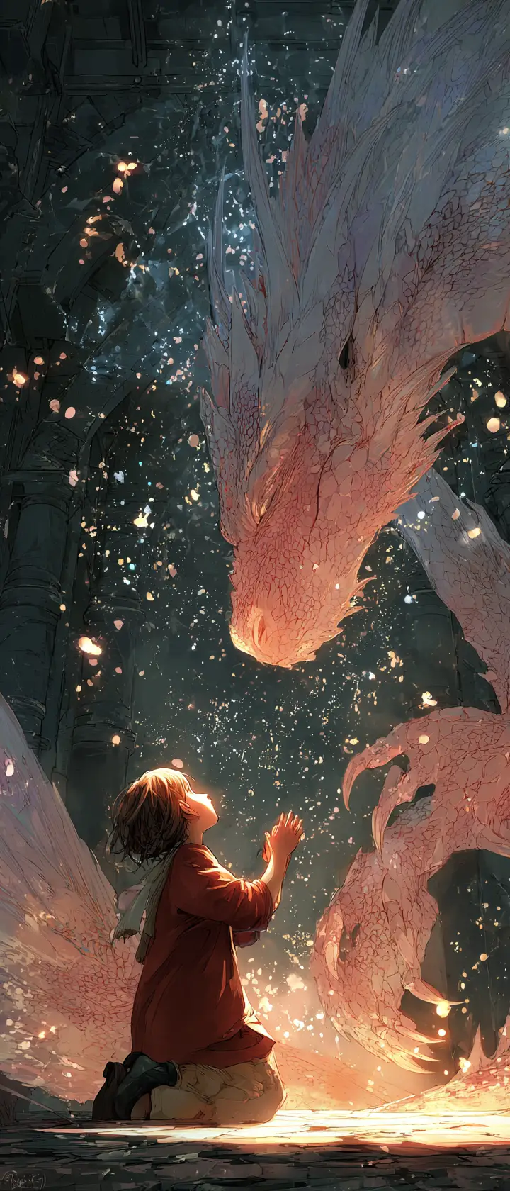 Half dragon girl kneeling in ruined dragon sanctuary
