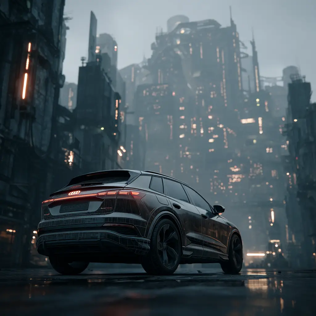 SUV Audi futuriste dans une métropole sci-fi dystopique