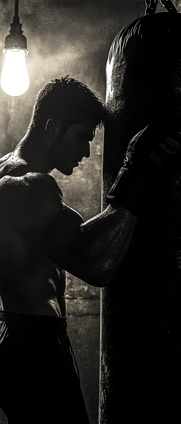 Man training on a heavy bag in a dark gym