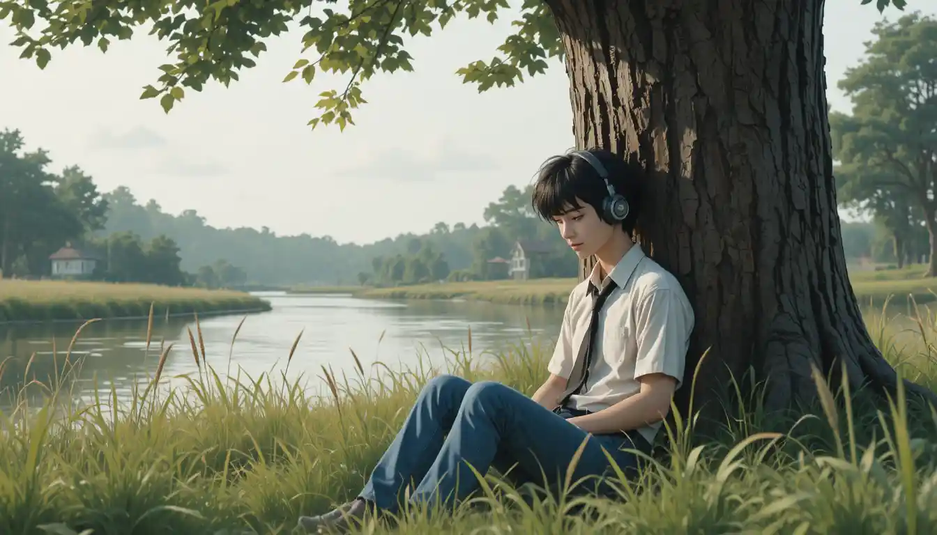 Teenage boy resting under a riverside tree with headphones