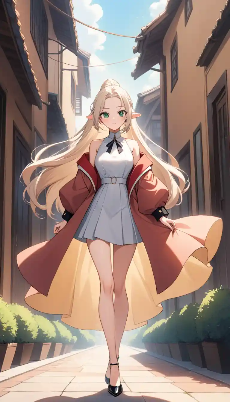 Élégante femme d’anime debout en plein air sous une lumière du jour éclatante