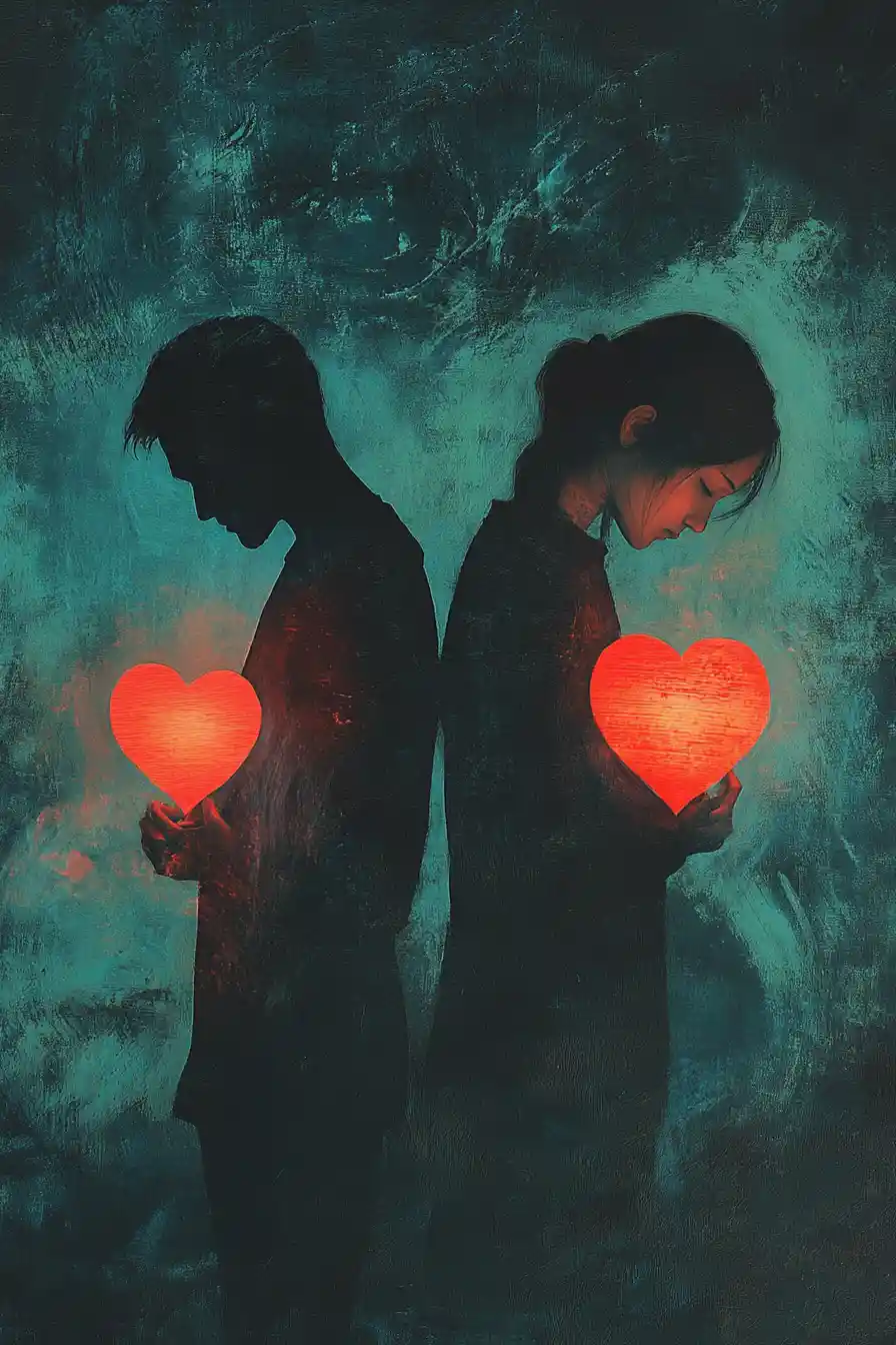 Heartbroken Couple Holding Torn Glowing Felt Heart