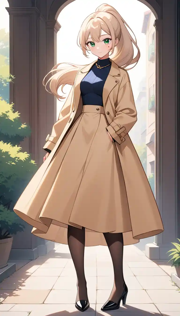Elegant anime woman standing in bright outdoor sunlight