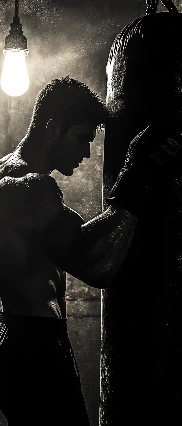 Man training on a heavy bag in a dark gym
