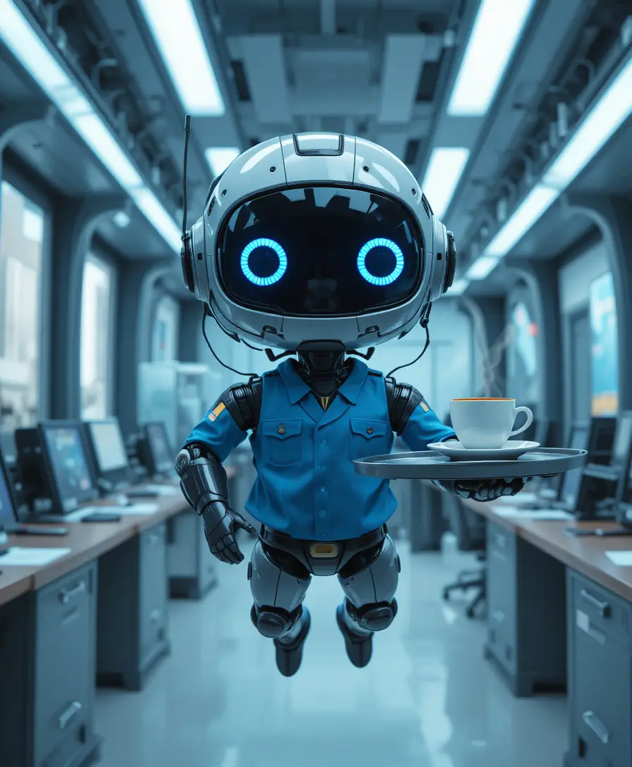 Cute robot waiter flying through a futuristic office space