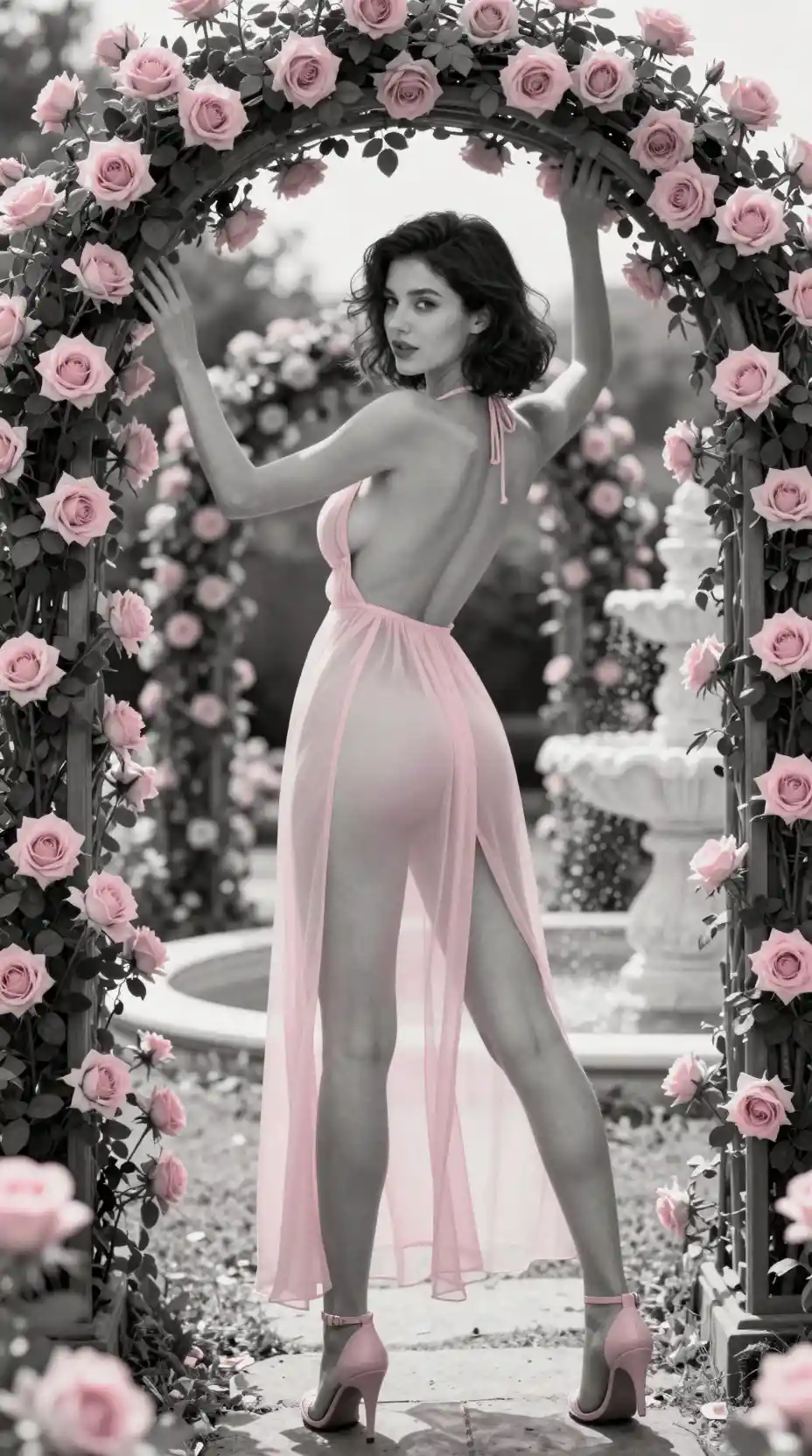 Sensual angelic woman in pink chiffon by rose arch