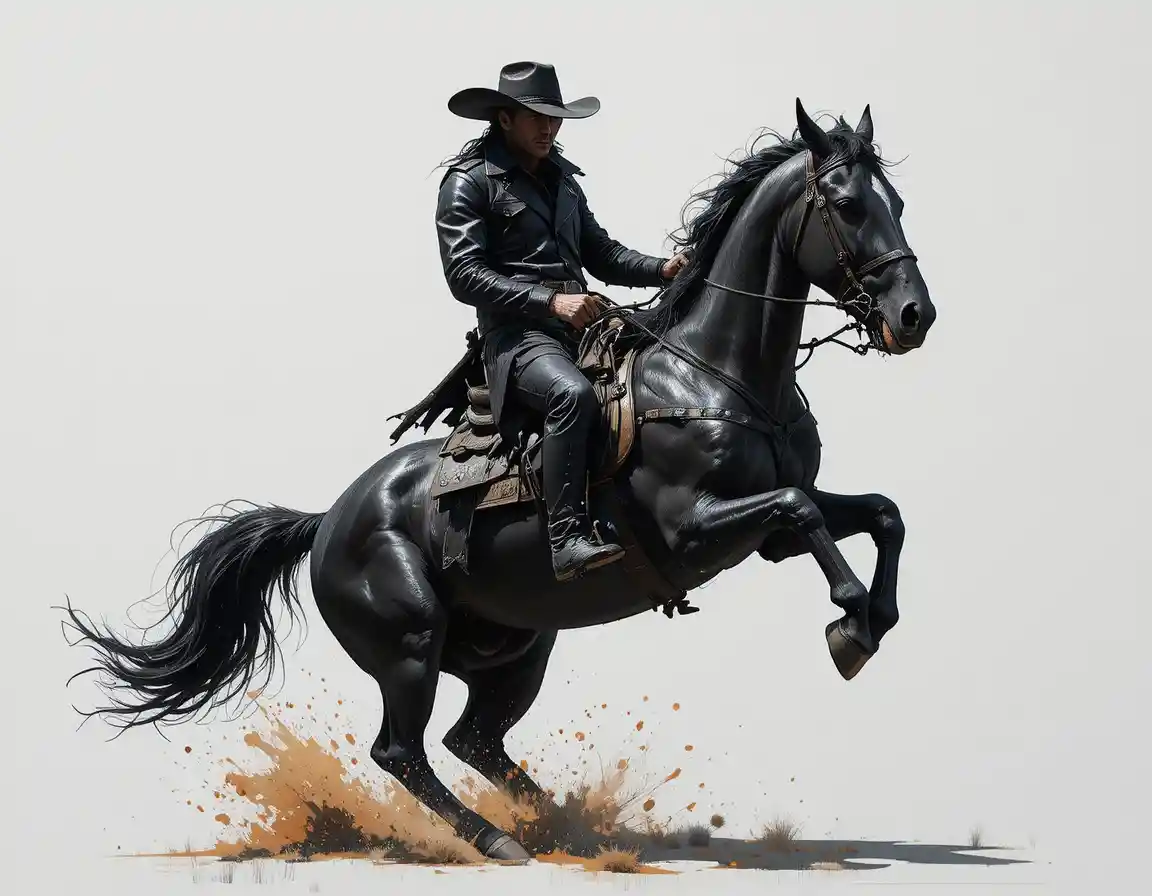 Vaquero de negro sobre caballo encabritado contra fondo blanco