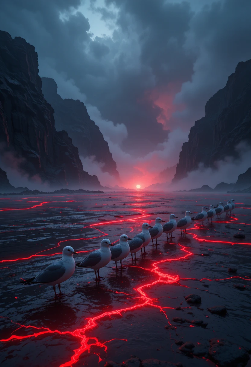 Mystical seagulls over glowing obsidian waters at night