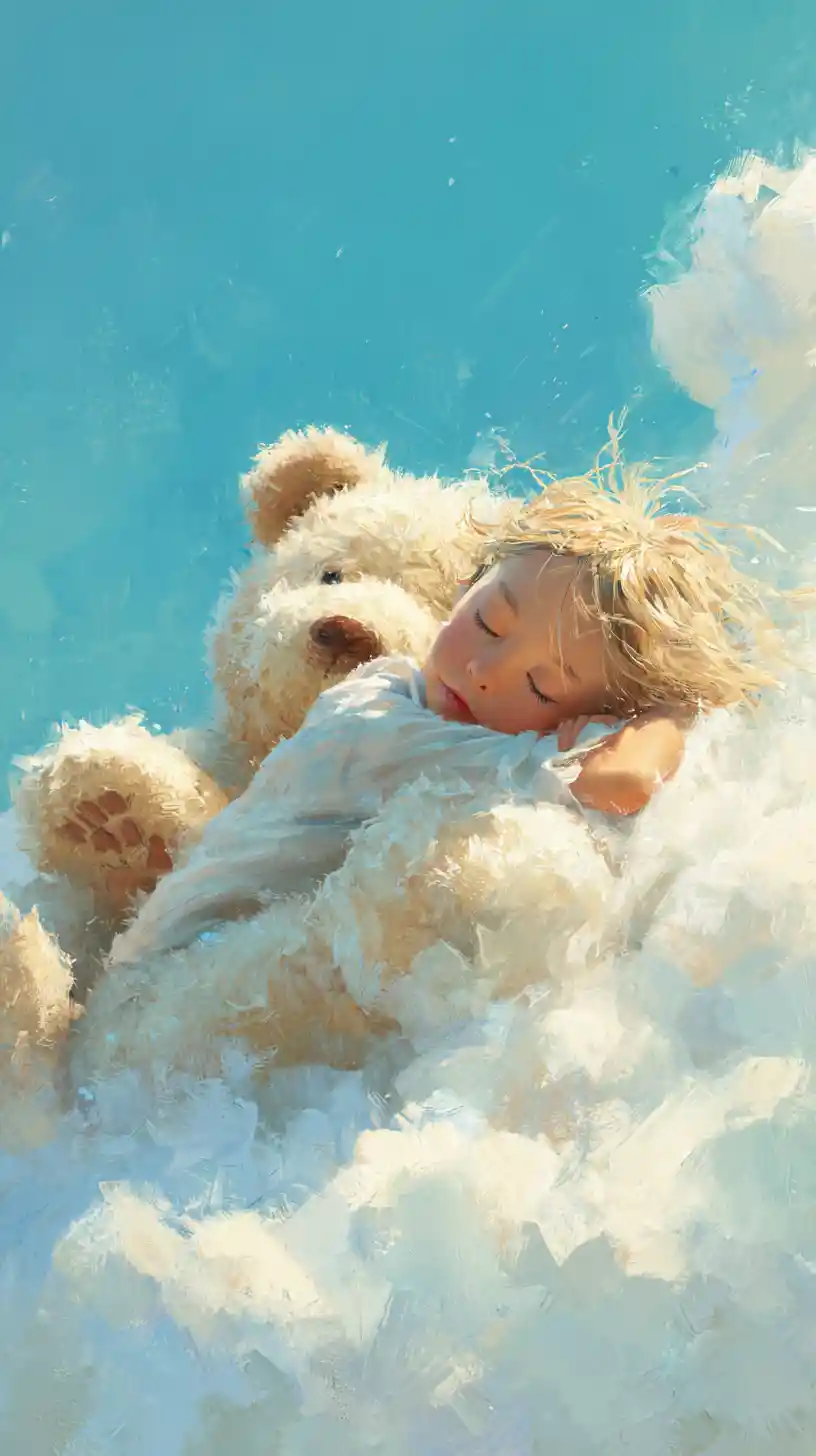 テディベアと一緒に雲の上で眠る少女