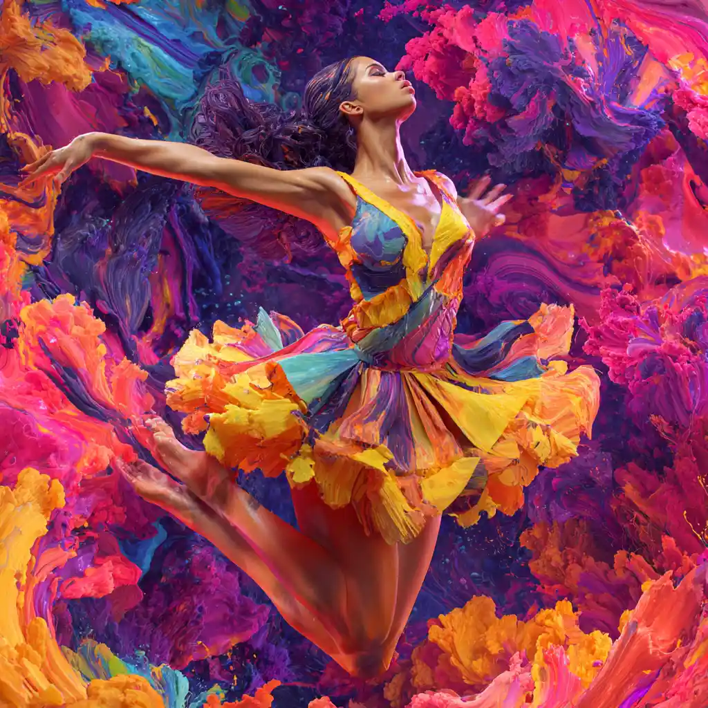Colorful woman dancing amid swirling storm and ink