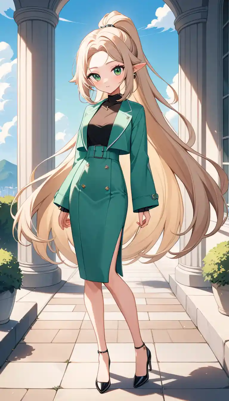 Elegant anime woman standing in bright outdoor sunlight