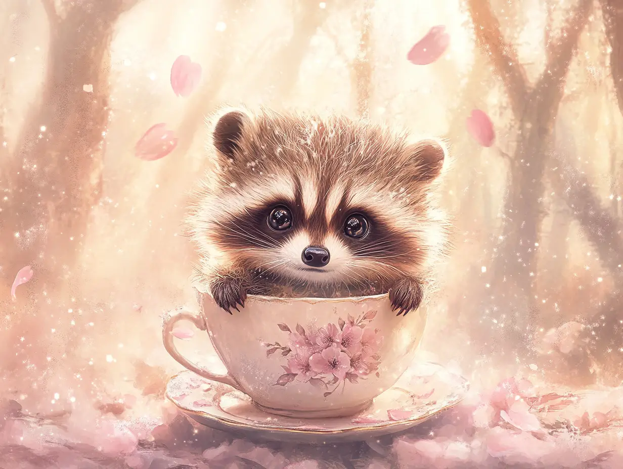 Baby raccoon in teacup with cherry blossom petals