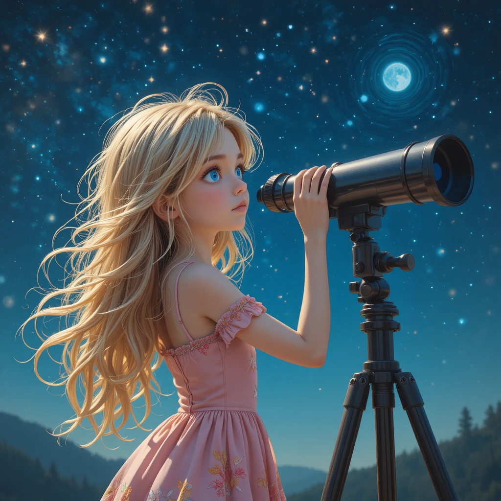 粉紅洋裝女孩在夜晚透過望遠鏡仰望星空