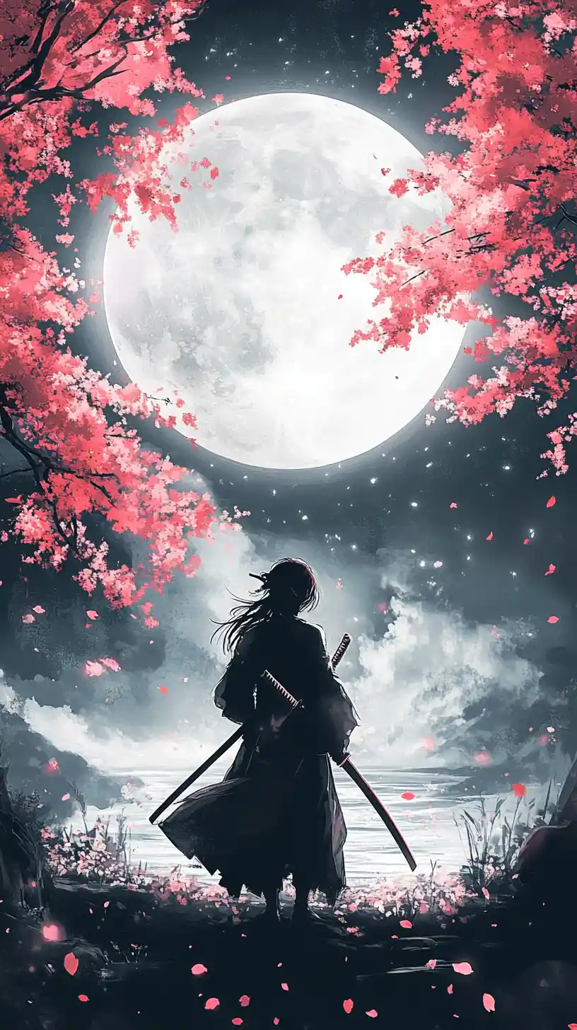 Samurai girl under cherry blossoms facing the full moon