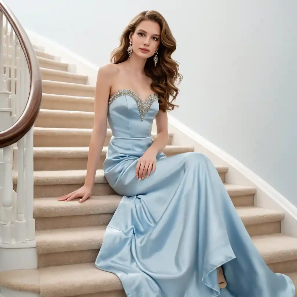 Mujer con vestido de satén azul sentada en una escalera blanca