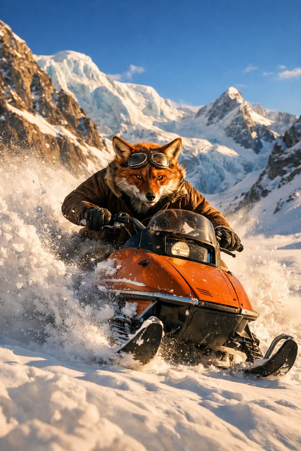 Anthropomorphic Fox Riding Snowmobile In Mountain Pass