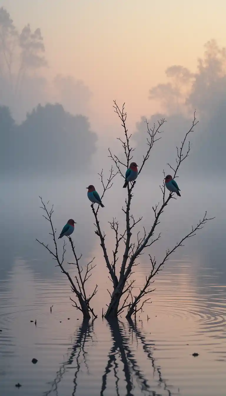 Seven songbirds on bare branches above a misty lake