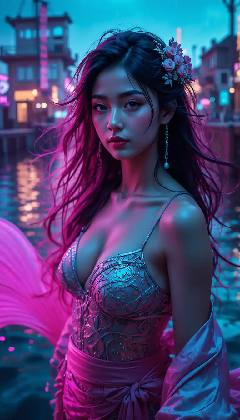 Neon lit mermaid warrior in a rainy victorian harbor