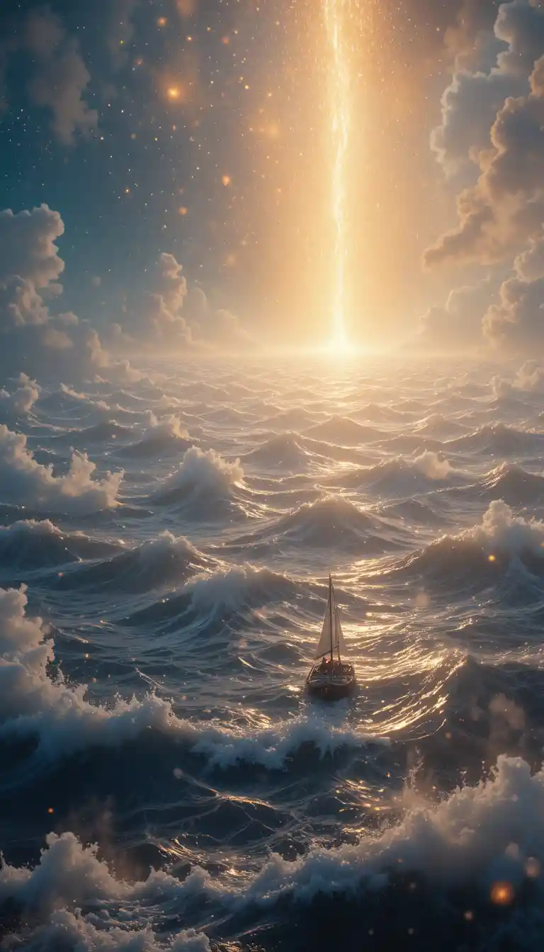 Raft Sailing Across A Glowing Fantasy Ocean Of Light