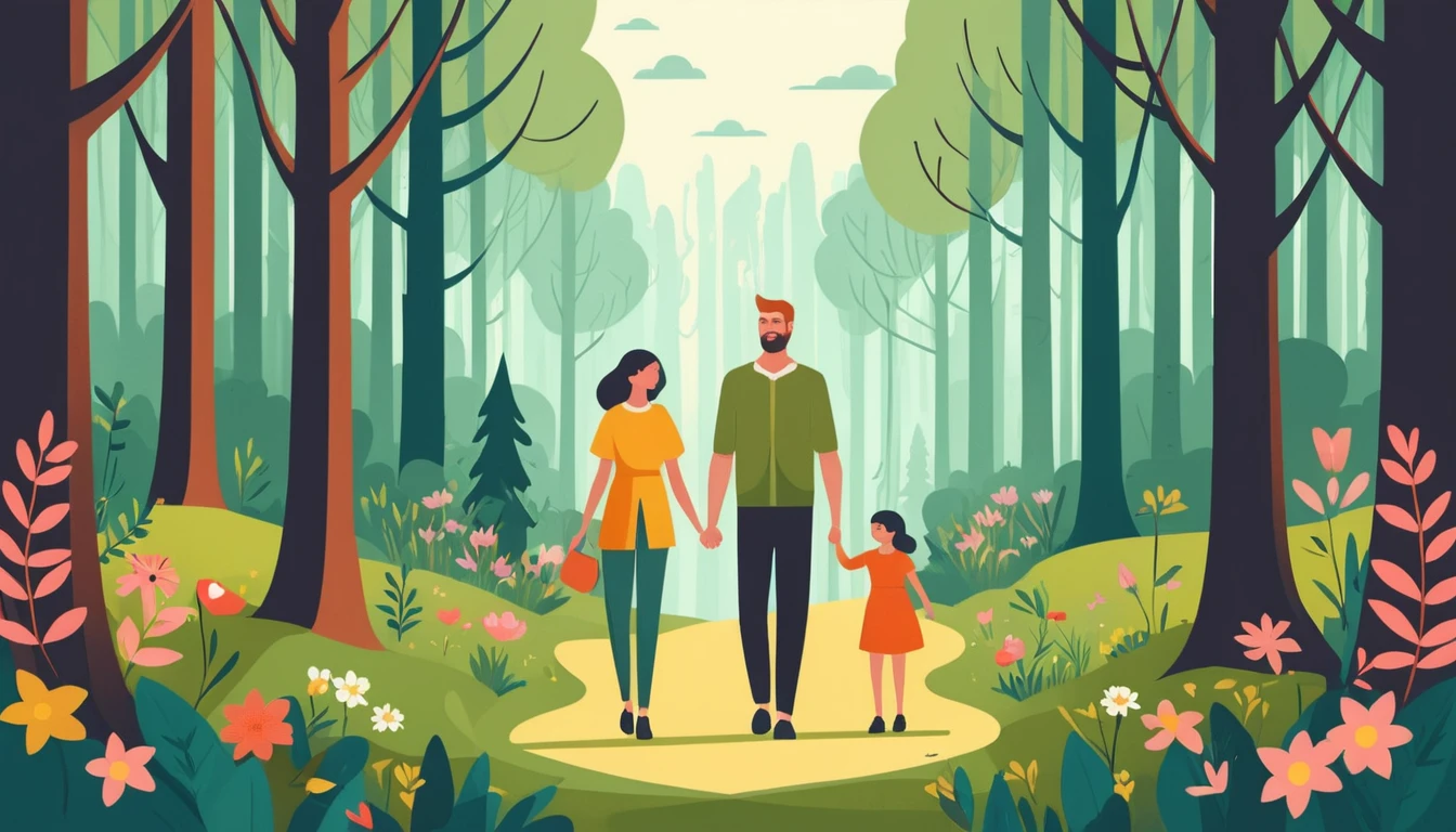 Ilustração flat de um casal caminhando em uma floresta de flores silvestres