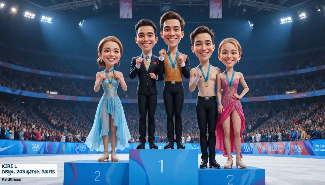 Figure skaters on olympic podium with medals and mascots
