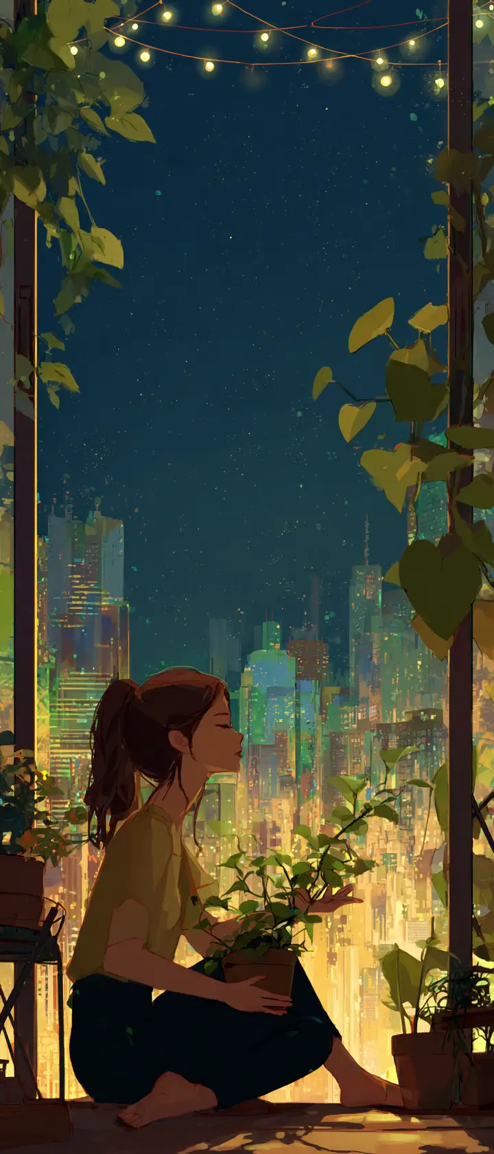 Woman nurturing a fragile plant on her balcony at midnight
