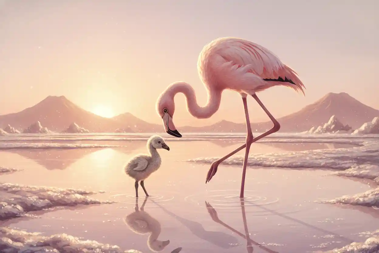 Mother Flamingo Watching Over Newborn Chick At Sunset