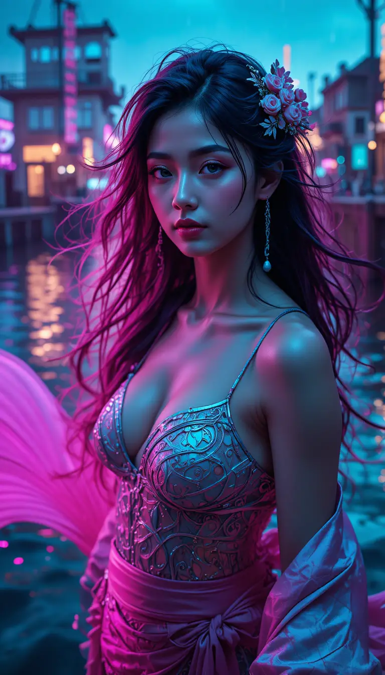 Neon lit mermaid warrior in a rainy victorian harbor