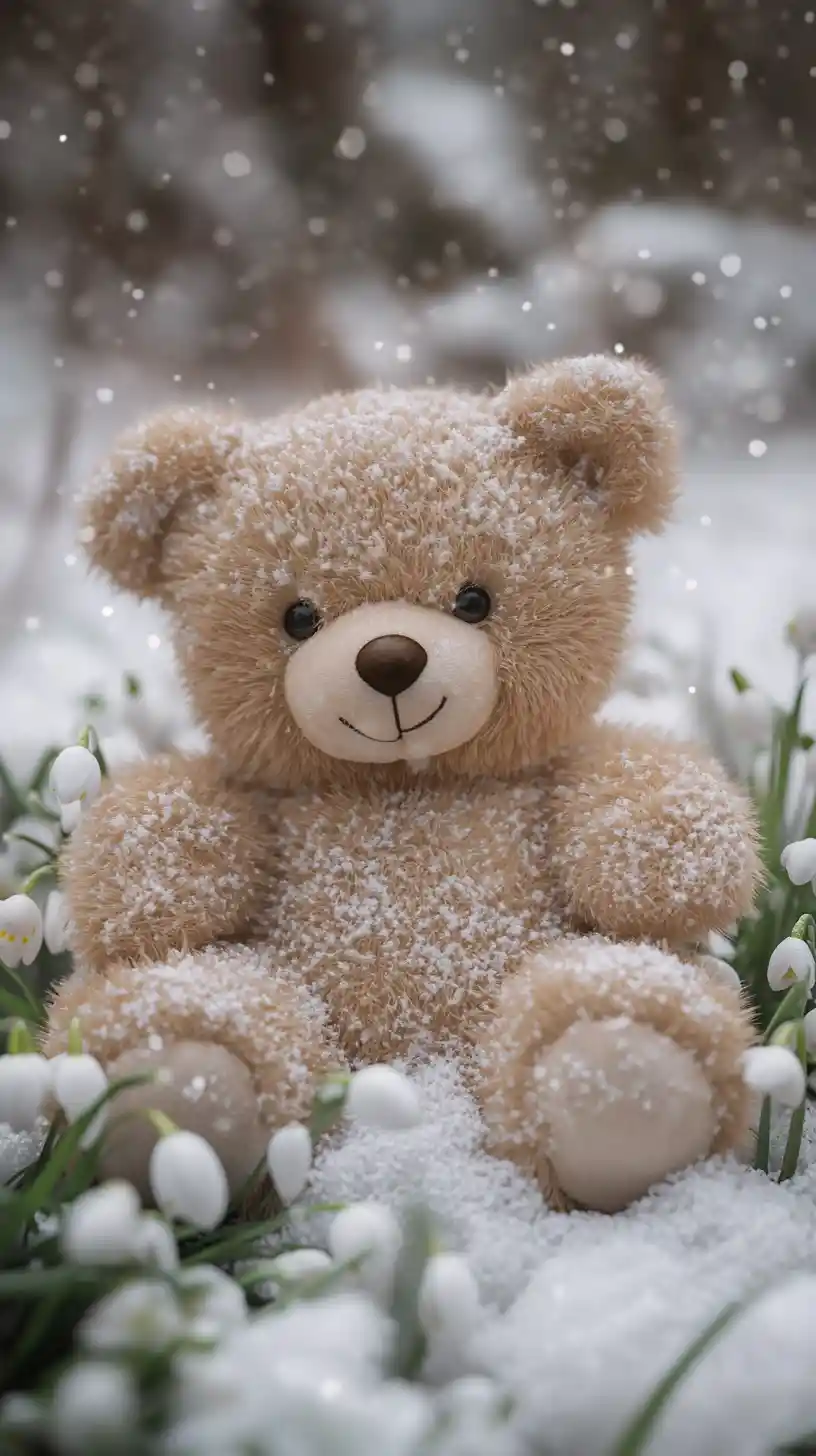 Cozy Teddy Bear In Snowdrops On A Winter Day