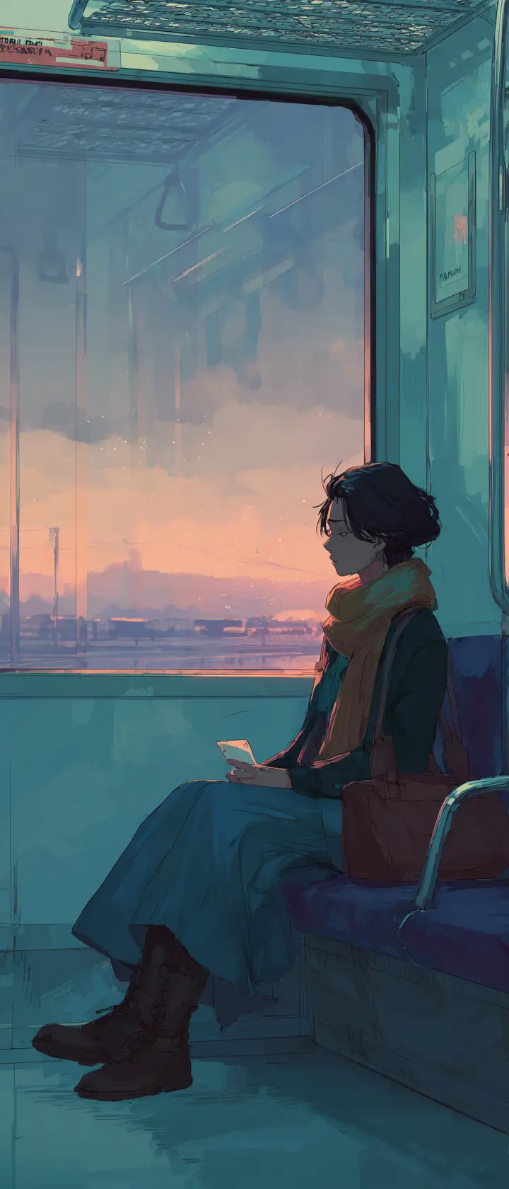 Androgynous rider watching dusk landscape from train window