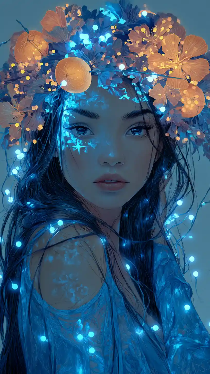 Fantasy woman with glowing flower crown and blue lights