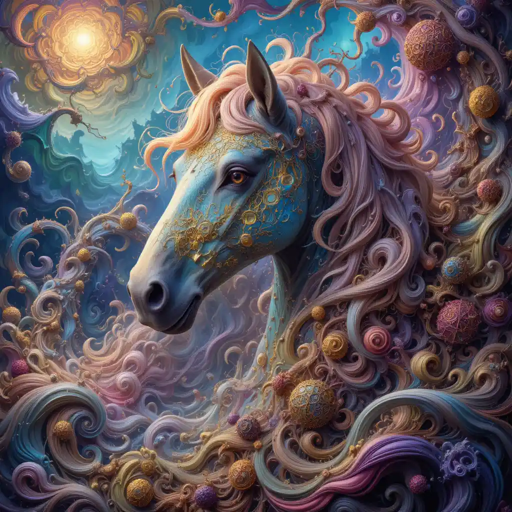 Whimsical horse in a colorful fractal dreamscape