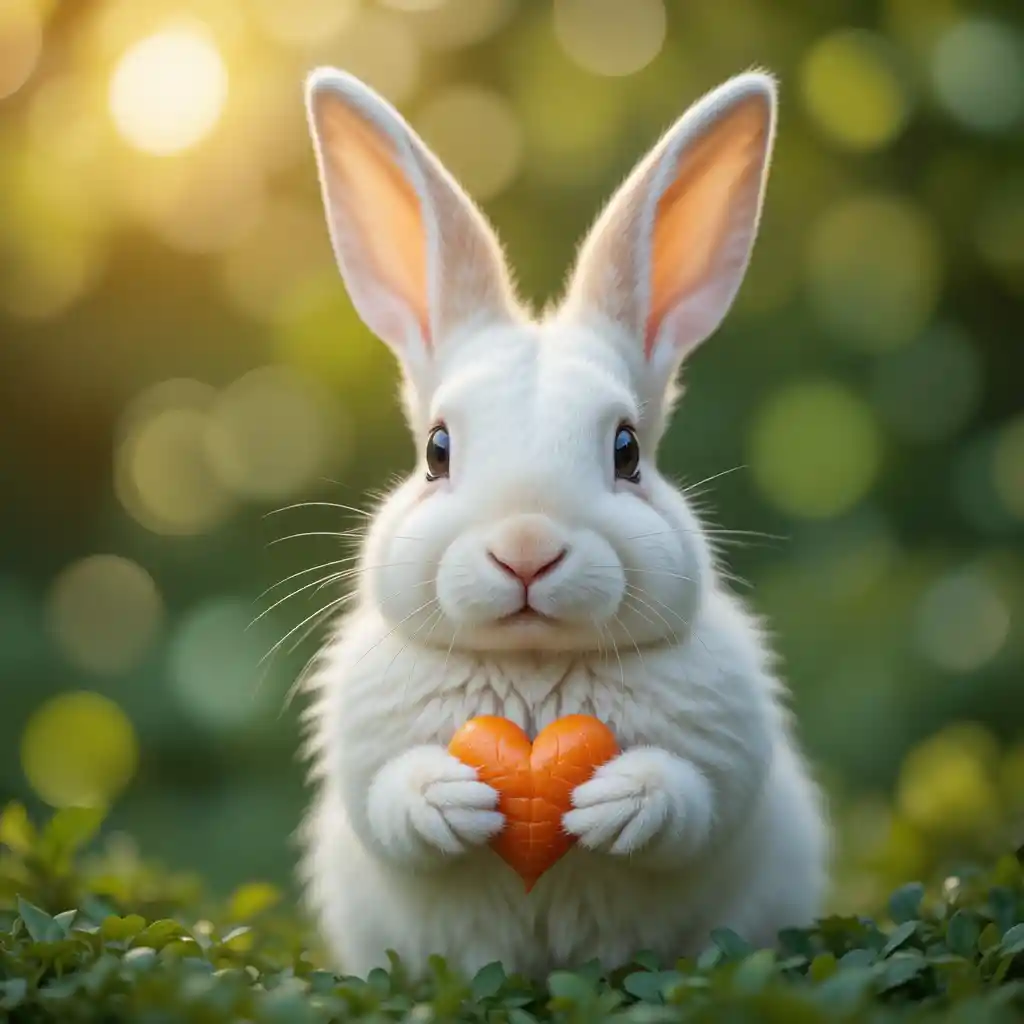 White rabbit holding a heart shaped carrot close up