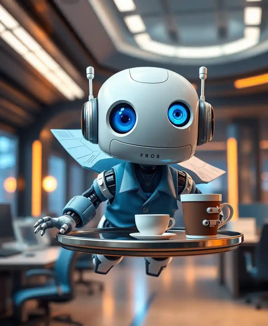 Dolce robot dagli occhi azzurri che serve caffè in un ufficio futuristico