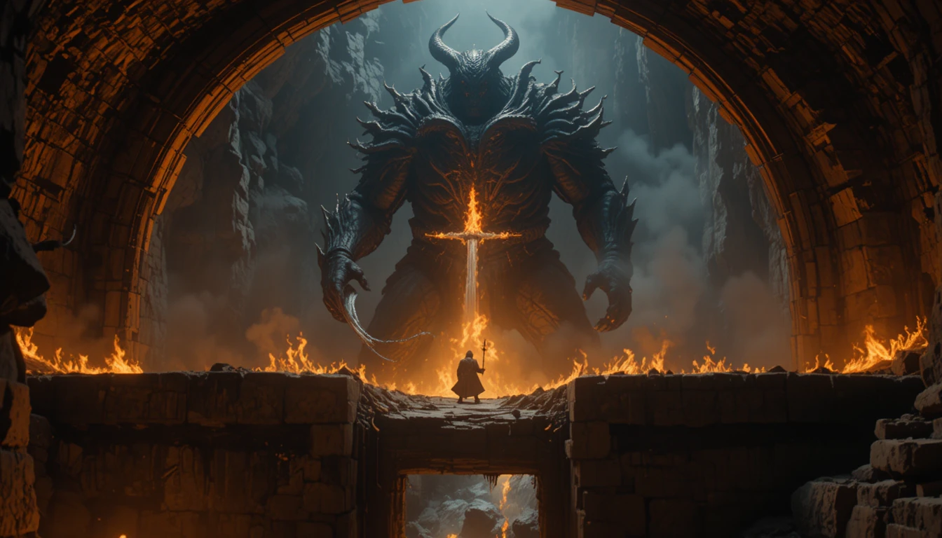 Wizard Confronts Fiery Demon On Narrow Stone Bridge