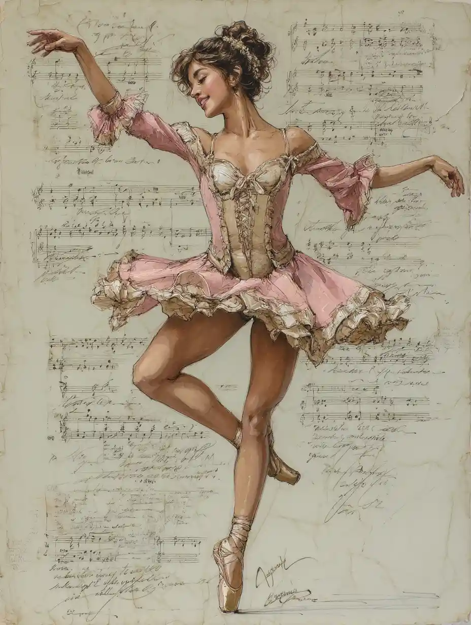 Watercolor ballerina silhouette dancing on vintage music paper