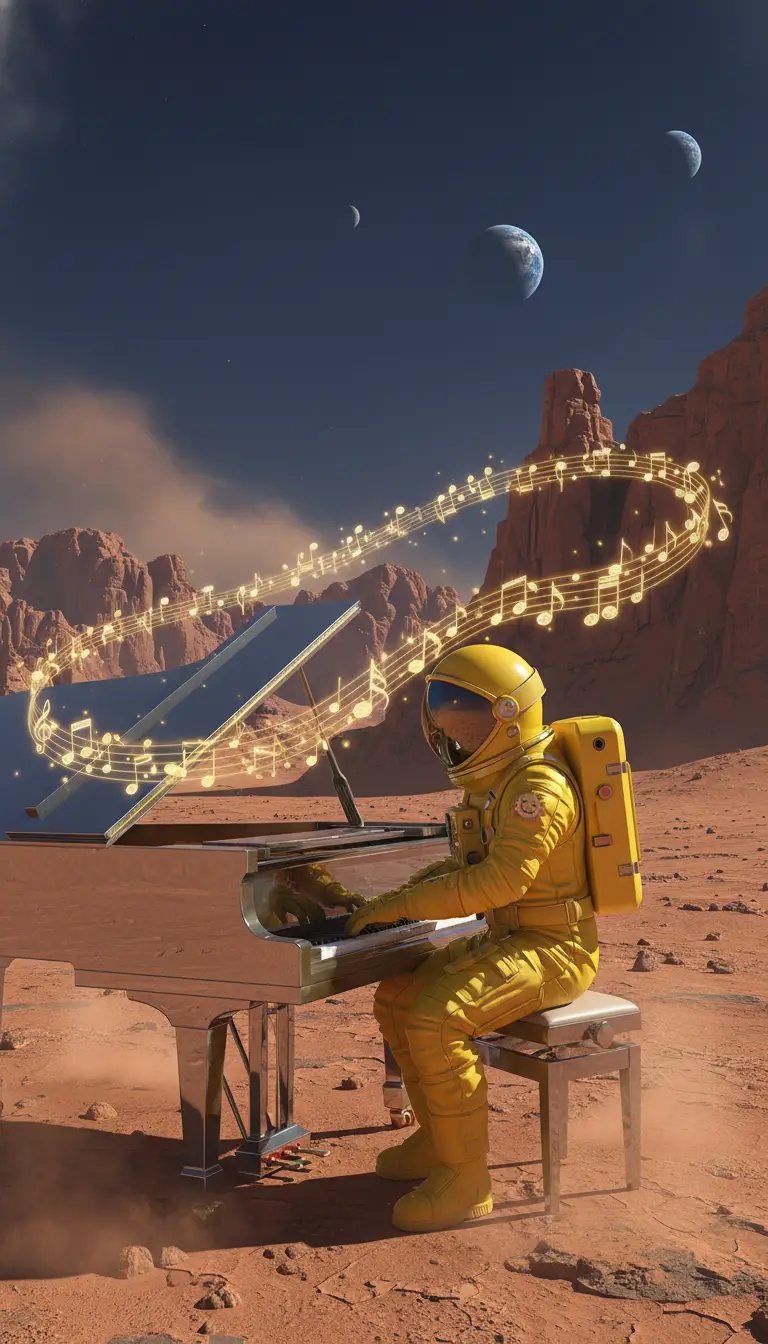 Yellow astronaut playing piano on the surface of Mars
