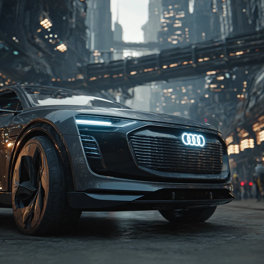 SUV futurista de Audi en una metrópolis sci‑fi distópica